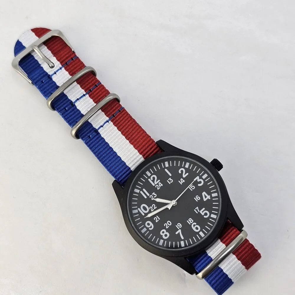 Field Men's Watch 42MM Black Dial Black Case Blue White Red Canvas Band‎ Strap